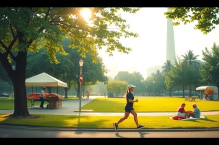 The image captures a serene park scene with a woman running on the left, dressed in a black shirt and shorts. She is moving towards the right side of the frame, her legs covered by blue leggings that contrast against the green grass beneath her feet. The sun casts long shadows, hinting at a bright, clear day. In the background, a man is seated on the grass, his attention drawn to the running woman. A fountain can be seen further back, adding to the tranquil ambiance of the park. Palm trees sway gently in the breeze, their green leaves rustling softly.