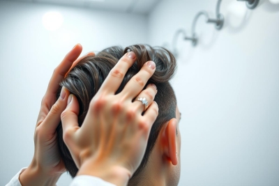 Close-up of a person's hair being styled, possibly at a salon. Focus is on the hair texture and styling process, with hands visible and a glimpse of a ring. The background is blurred, suggesting a professional environment.