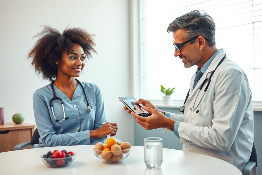 Doctor examining a patient using a tablet in a brightly lit clinic. A friendly atmosphere with fruit and a glass of water on the table. Healthcare professionals, medical consultation, digital health.