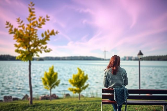 The image depicts a serene lakeside scene at sunset. A woman is seated on a park bench, facing the tranquil lake with trees in the background and a clear sky above. The colors are warm with hues of purple, orange, and yellow from the sunset, contrasting with the cooler tones of the blue water.