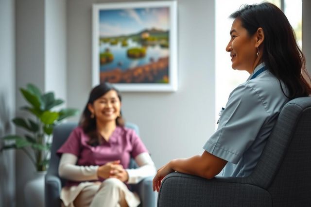 A healthcare professional in scrubs sits in a chair, looking out a window. The image shows a calm and caring environment, likely a clinic or hospital setting. Soft lighting and a neutral color palette create a peaceful atmosphere.