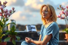 The image depicts a woman sitting in front of flowers, engaging in meditation. She is wearing a light blue outfit that could be interpreted as scrubs. The environment suggests a peaceful garden or patio setting with clear skies above and pink flowers to her side.
