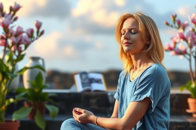 The image depicts a woman sitting in front of flowers, engaging in meditation. She is wearing a light blue outfit that could be interpreted as scrubs. The environment suggests a peaceful garden or patio setting with clear skies above and pink flowers to her side.