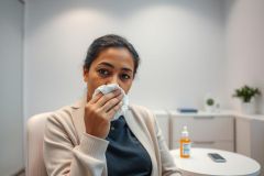 A woman sitting in a modern, light-filled room blows her nose into a tissue, suggesting illness or allergies. The scene includes medicine bottles and a smartphone on a white table. Neutral colors dominate, conveying a clinical or healthcare context. 
