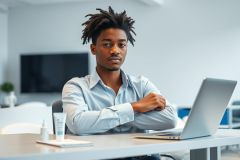 Young Black man with dreadlocks in a modern office setting. He's seated at a desk with a laptop, skincare products, and a notebook. The image conveys a professional, focused atmosphere with a cool color palette.