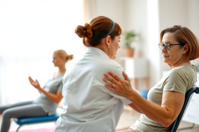 Two women sit in chairs, participating in a wellness or therapy session. One woman is comforting the other. The scene takes place in a bright, modern room with a focus on well-being and connection.