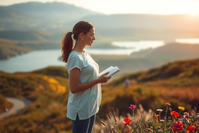 The image features a woman standing on a hilltop during sunset, looking out over a valley. The environment around her is lush with greenery and wildflowers in various shades of pink, purple, and yellow. The sky transitions from a warm orange hue near the horizon to a darker blue as it extends into the distance, indicating that the sun is setting behind the valley.