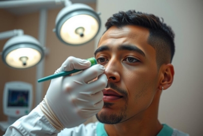 Close-up of a medical professional in gloves examining a patient's eye. Bright lights and a sterile environment suggest a clinical setting, possibly an eye exam or procedure.