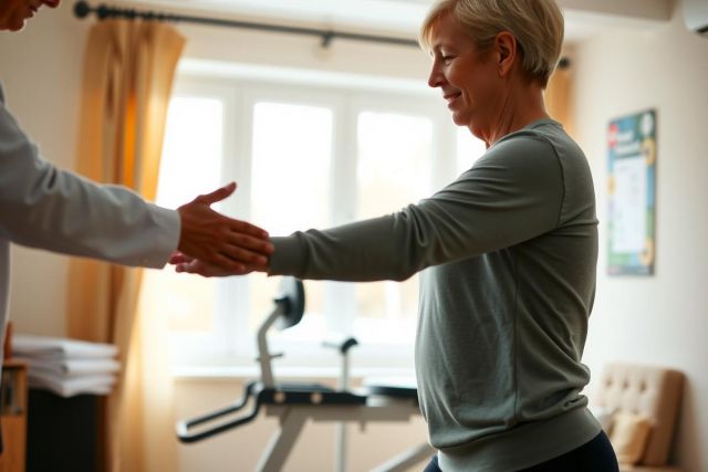 A healthcare professional assists a senior woman with walking, likely in a rehabilitation setting. The scene showcases physical therapy and senior care, featuring warm lighting and a focus on mobility support.