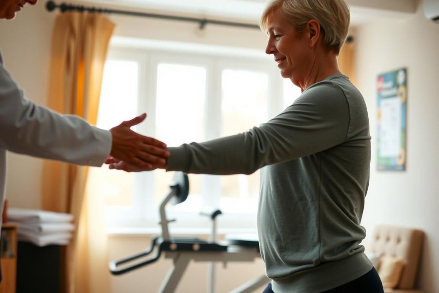 A healthcare professional assists a senior woman with walking, likely in a rehabilitation setting. The scene showcases physical therapy and senior care, featuring warm lighting and a focus on mobility support.