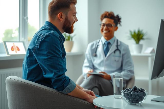 Doctor consults with patient in a modern office setting. Medical examination, healthcare professional, diagnostics, and patient care are evident. Bright, clean environment with a focus on wellness.