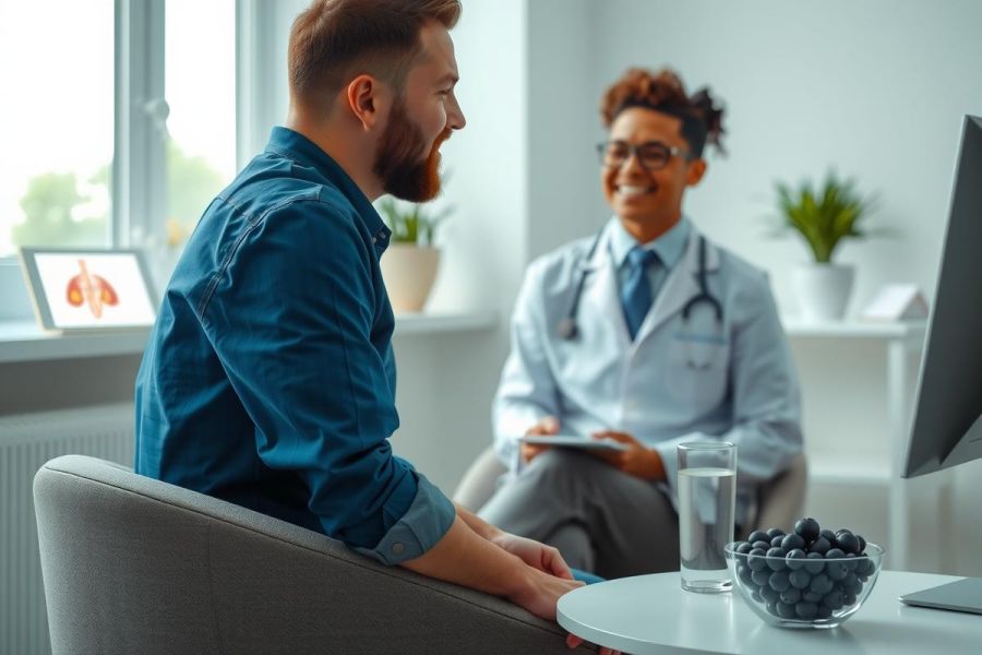 Doctor consults with patient in a modern office setting. Medical examination, healthcare professional, diagnostics, and patient care are evident. Bright, clean environment with a focus on wellness.