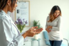 A healthcare professional in a white coat interacts with a patient in a modern clinic setting. The scene conveys a consultation or discussion, with natural light and a calming blue accent chair visible in the background.