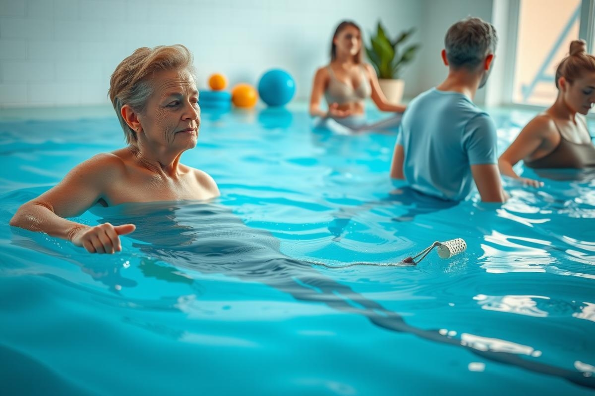 The image depicts a group of people in a pool engaging in water exercise. The central figure is an elderly person, likely a woman, who appears to be enjoying the activity with a smile on her face. The other individuals around her are participating as well. They are all wearing swimwear and appear to be actively moving through the water. There's no text visible in the image. The environment suggests a warm, indoor setting designed for exercise or therapy, possibly with a focus on seniors. The colors in the image are natural, reflecting the blue of the pool water and the varying skin tones of the participants.