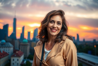 The image features a smiling woman standing in front of a city skyline at sunset. She is wearing a light-colored coat and appears to be posing for the photo. The skyline includes several notable skyscrapers against a vibrant orange and pink gradient background that suggests a beautiful evening scene.