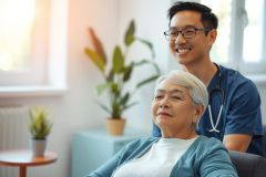 A healthcare professional assists an elderly woman in a comfortable home setting. The scene highlights caregiving, senior health, and a supportive environment with soft lighting and calming blue tones.