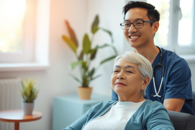 A healthcare professional assists an elderly woman in a comfortable home setting. The scene highlights caregiving, senior health, and a supportive environment with soft lighting and calming blue tones.