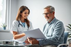 Doctor and patient consultation in a bright, modern healthcare setting. A smiling female doctor in a white coat discusses medical documents with a mature male patient. Focus on healthcare, medical consultation, and patient care.