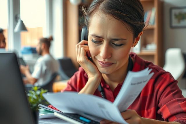 A woman wearing a red shirt is sitting at her desk, working on paperwork. There's an office environment with books and shelves in the background, suggesting this could be a professional or corporate setting.