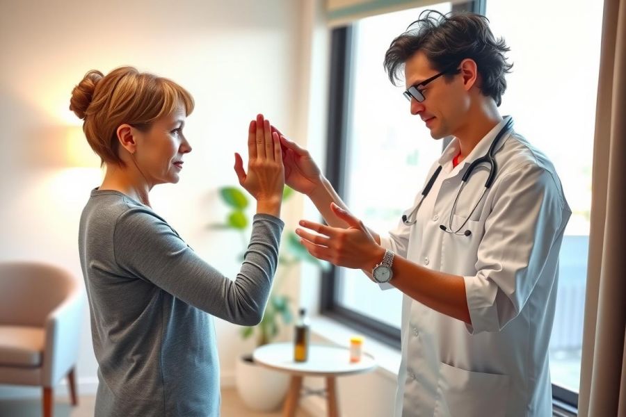 Doctor examining patient in a bright, modern room. Healthcare professional in white coat checks a woman’s pulse, highlighting medical consultation and patient care.