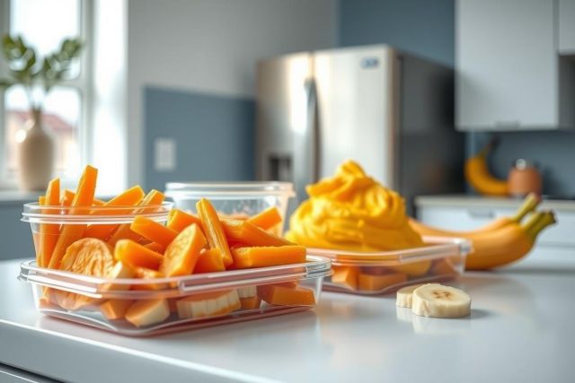Healthy snacks on a kitchen counter: carrot sticks in a clear container, a bowl of fruit salad, and bananas. A bright, natural light illuminates the scene, showcasing fresh produce for a balanced diet.