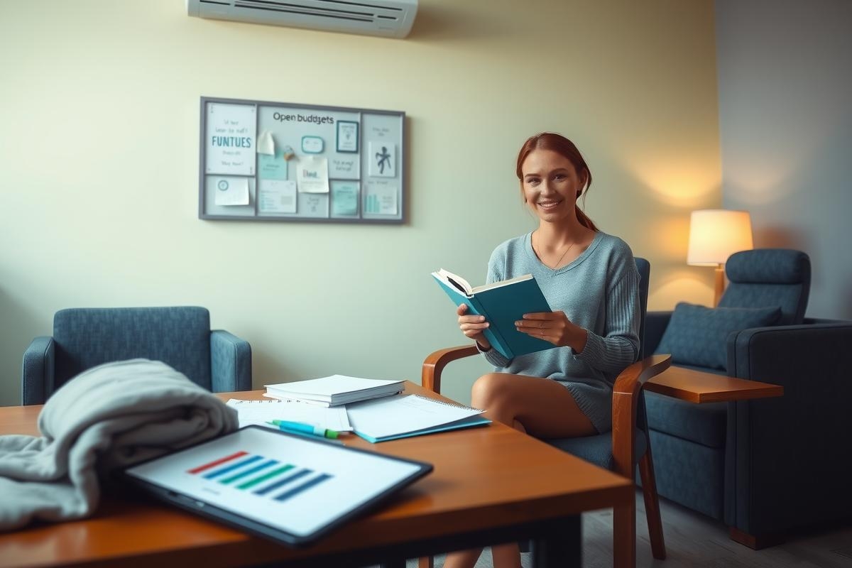 The image features a woman sitting at an office desk, engrossed in reading a book. The environment appears to be professional with a couch, chair, and papers scattered around. She's wearing casual clothing suggesting a relaxed atmosphere within the workspace.