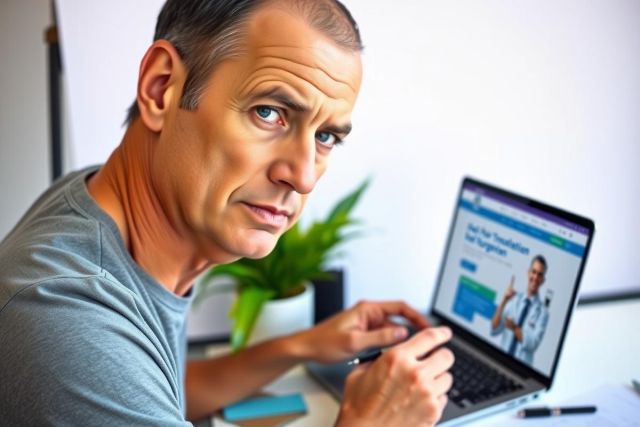 The image features a man seated at a desk using a laptop computer. He appears focused on the screen, suggesting he is engaged in some form of digital work or communication. The man has short hair and is wearing casual clothing. Behind him, there are two plants adding a touch of greenery to the indoor setting. 