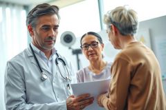 Doctor examining a patient in a clinic, reviewing paperwork. Healthcare professional in a white coat, discussing medical concerns. Bright, modern setting with a focus on patient care and medical consultation.