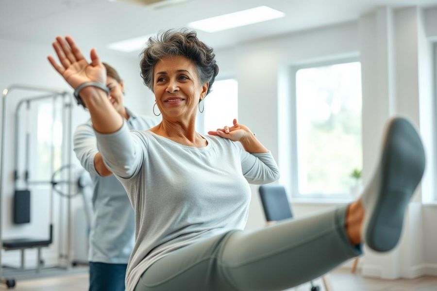 Senior woman exercising with a physical therapist in a bright, modern gym. Focus on balance and rehabilitation, showcasing fitness for older adults. Gray and white tones dominate the scene, emphasizing health and wellness.