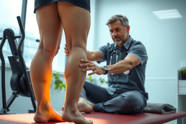 Doctor examining patient's leg during a medical checkup. The scene takes place in a clinic setting with red examination table. Focus on healthcare, physical examination, and diagnosis.