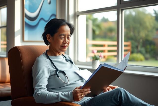 A female doctor, wearing a blue sweater and jeans, sits in a comfortable chair next to a window overlooking the garden, reading from a file. The warm lighting and relaxed atmosphere create a peaceful atmosphere.