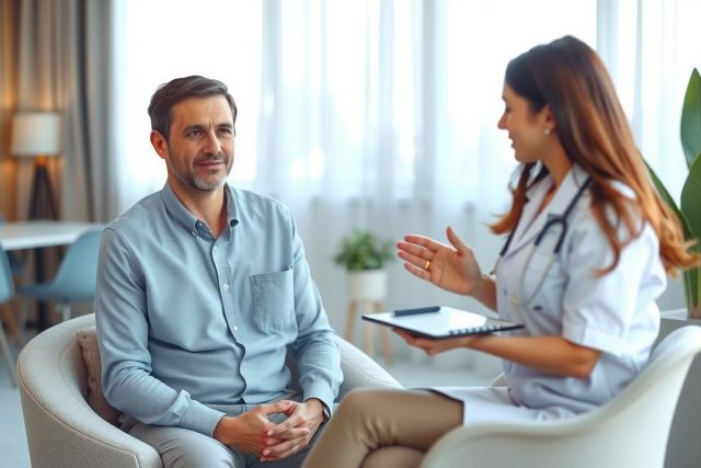 Doctor consults with patient in a modern office setting. The doctor, wearing a white coat and stethoscope, is speaking to the seated male patient.  Bright and airy room with natural light.