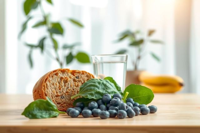 Fresh blueberries and bread on a wooden table. Green spinach leaves, a glass of water, and bananas in the background. Natural food photography showcasing healthy ingredients.