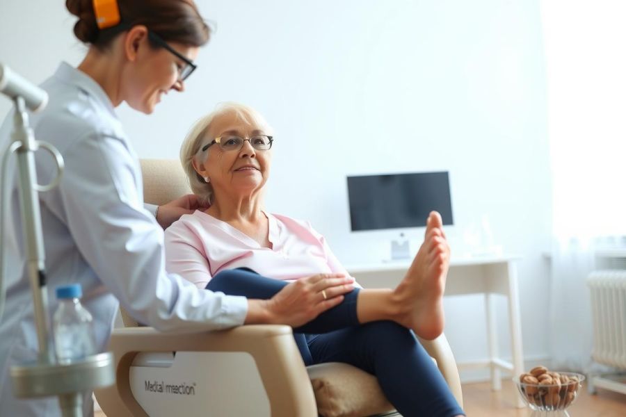 A healthcare professional assists an elderly woman seated in a medical recliner. The scene appears to be in a hospital or clinic setting, with a focus on patient care and well-being. Colors are neutral, emphasizing a clean and calming environment.
