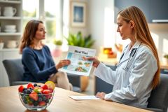 A doctor discusses a meal plan with a patient in a bright, modern kitchen setting. The doctor wears a white coat and stethoscope, showing nutritional information. Healthy food visible.