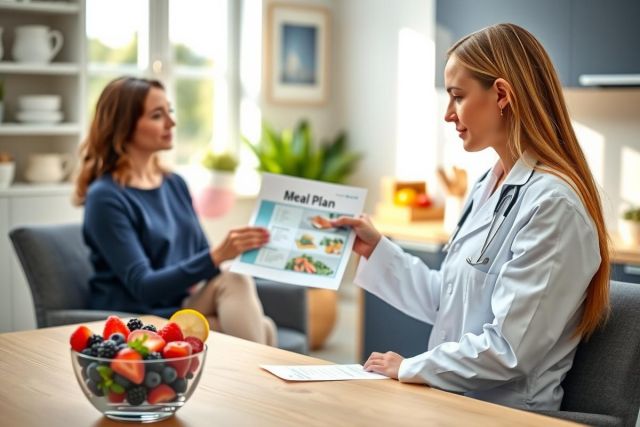 A doctor discusses a meal plan with a patient in a bright, modern kitchen setting. The doctor wears a white coat and stethoscope, showing nutritional information. Healthy food visible.