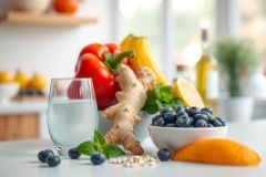 Fresh fruit and herbs on a kitchen counter. Includes blueberries, a sliced orange, ginger, a red pepper, and a glass of water. Bright, natural light and a clean, healthy vibe.
