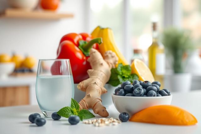Fresh fruit and herbs on a kitchen counter. Includes blueberries, a sliced orange, ginger, a red pepper, and a glass of water. Bright, natural light and a clean, healthy vibe.