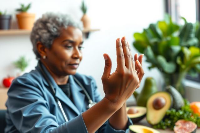 A female doctor in a blue scrubs performs a physical exam near a table with fruit and plants. The image conveys a healthcare setting with a focus on wellness and natural elements.