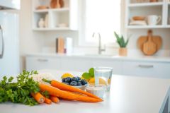 Healthy kitchen still life. Fresh carrots, blueberries, lemon, and parsley on a white countertop with a sink and greenery in the background. Bright, natural light and a clean, minimalist aesthetic.