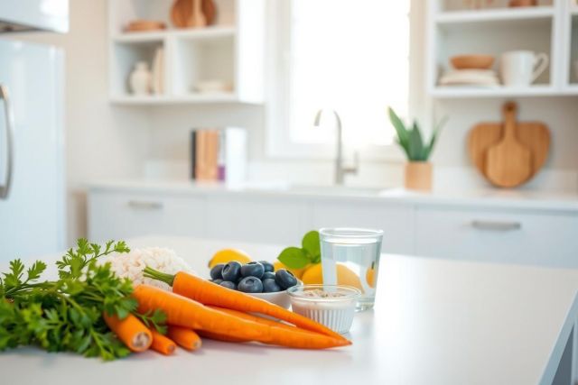 Healthy kitchen still life. Fresh carrots, blueberries, lemon, and parsley on a white countertop with a sink and greenery in the background. Bright, natural light and a clean, minimalist aesthetic.