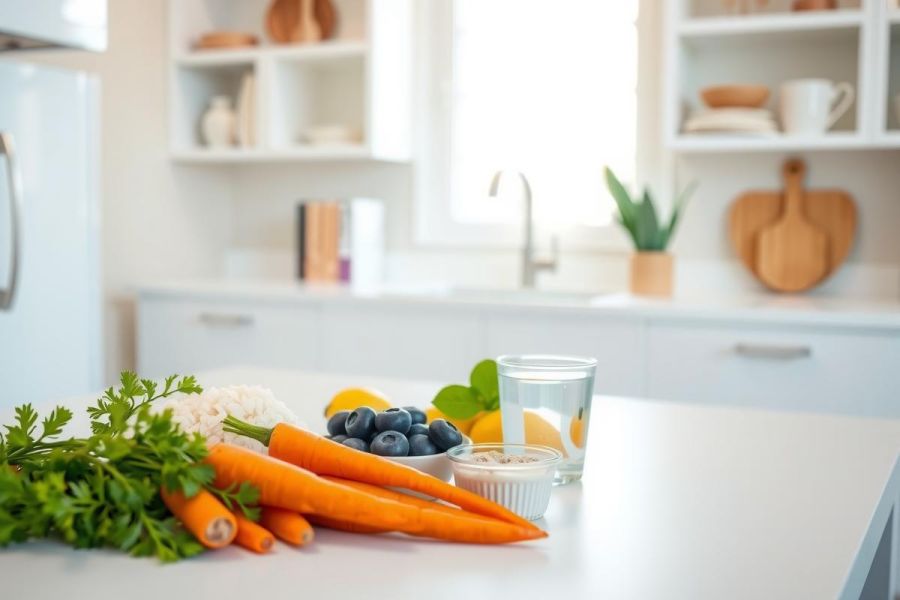Healthy kitchen still life. Fresh carrots, blueberries, lemon, and parsley on a white countertop with a sink and greenery in the background. Bright, natural light and a clean, minimalist aesthetic.