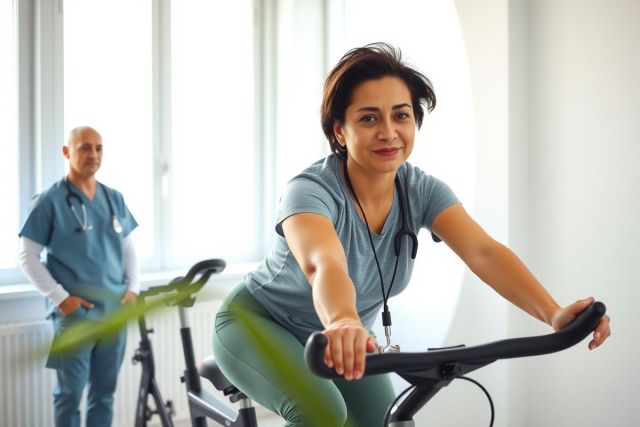 Woman on exercise bike in a clinic setting, monitored by a doctor. Healthcare, fitness, patient recovery, rehabilitation, medical check-up, and wellness themes are present.