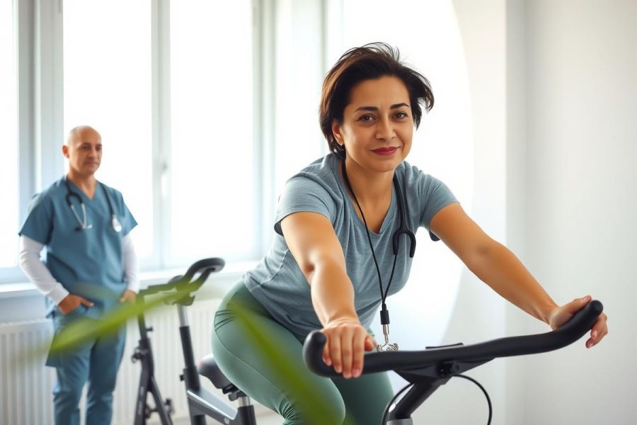 Woman on exercise bike in a clinic setting, monitored by a doctor. Healthcare, fitness, patient recovery, rehabilitation, medical check-up, and wellness themes are present.