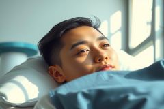 Man resting on a bed, bathed in soft sunlight.  Relaxed pose, blue bedding, peaceful indoor scene.  Lifestyle, wellbeing, or relaxation theme.