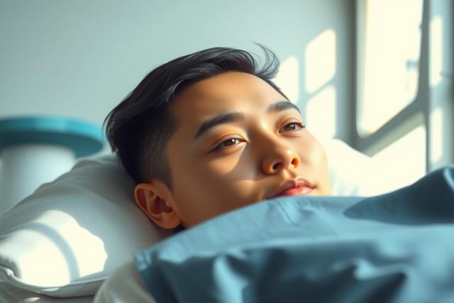 Man resting on a bed, bathed in soft sunlight.  Relaxed pose, blue bedding, peaceful indoor scene.  Lifestyle, wellbeing, or relaxation theme.