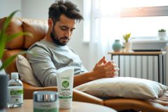 Man relaxing on a leather couch with skincare products nearby. The scene suggests self-care and a focus on beauty routines in a modern, well-lit interior.