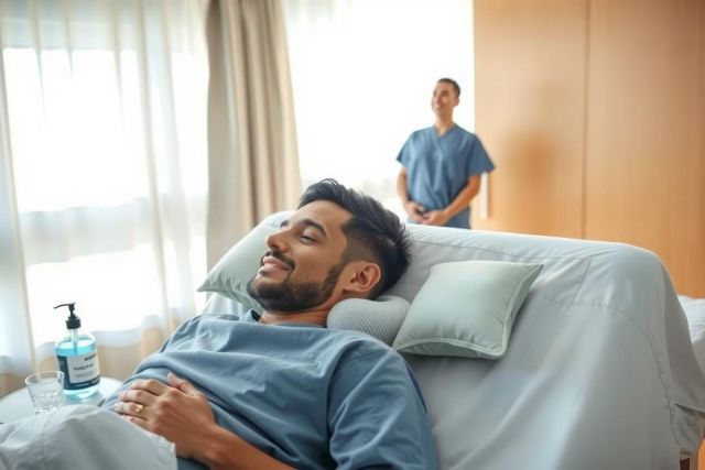 Man in hospital bed, wearing a blue gown, resting with a pillow. Healthcare professional stands nearby.  Bright, clean room with natural light. Patient care and medical environment.