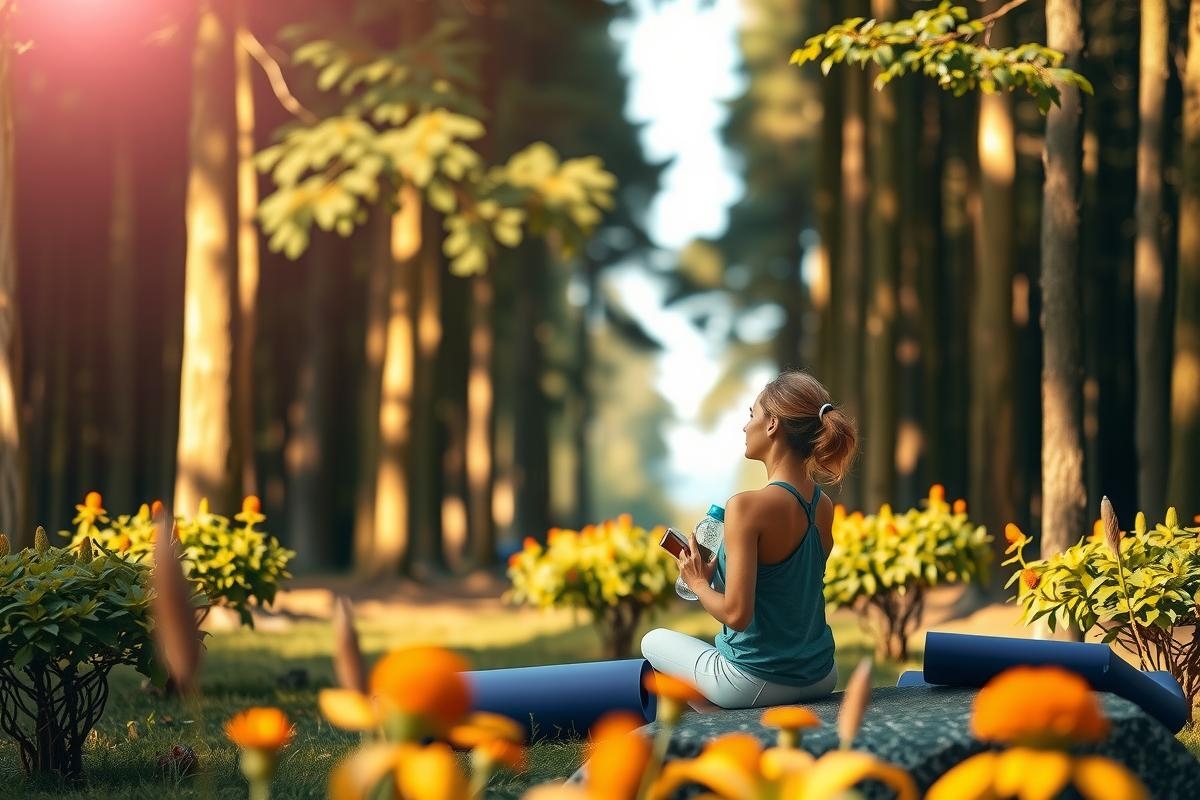 The image shows a woman seated in a peaceful setting with trees and flowers around her. She is dressed in athletic wear, indicating she may be practicing yoga or meditation. The sunlight filtering through the trees creates a serene atmosphere, enhancing the relaxed nature of the scene.