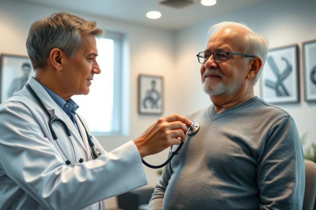 Doctor examining elderly patient with stethoscope in a clinic setting. Healthcare checkup, medical consultation, and senior care are key themes. Warm lighting and neutral tones dominate the image, highlighting the focus on health and well-being.